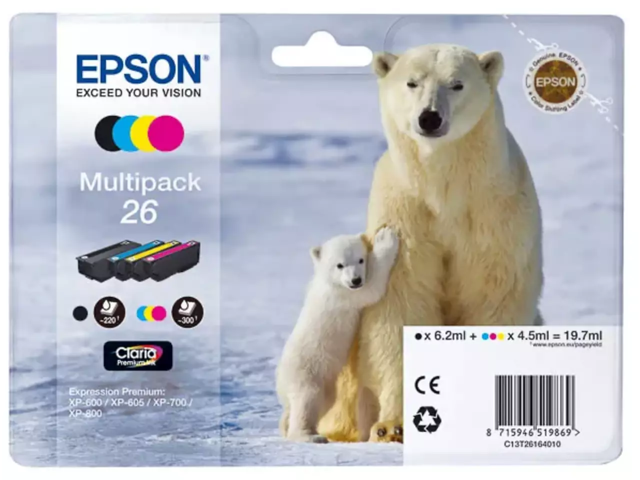 170015440857.webp C13T26164010 EPSON 26 XP Inkt (4) cmyk ST 1x220/3x300pagina's 1x6,2/3x4,5 ml - Afbeelding 1