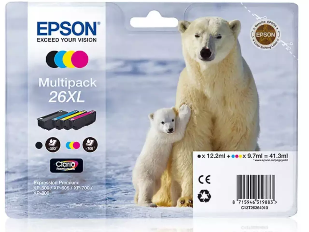 170015440863.webp C13T26364010 EPSON 26XL XP Inkt (4) cmyk 1x500/3x700pagina's 1x12,2/3x9,7 ml - Afbeelding 1