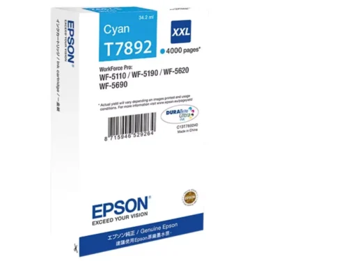 De Epson Ink Cartridge XXL Cyan biedt hoog rendement met 34,2 ml cyaan inkt, ideaal voor scherpe en consistente afdrukken.