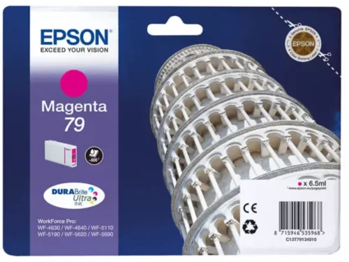 De Epson Tower of Pisa Singlepack Magenta 79 DURABrite Ultra Ink zorgt voor scherpe, betrouwbare magenta afdrukken met pigmentinkt en
