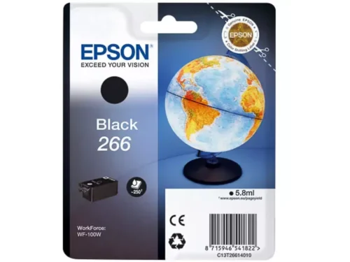 De Epson Globe 266 zwarte inktcartridge levert scherpe, duurzame afdrukken met pigmentinkt en een capaciteit tot 250 pagina’s. Deze enkele