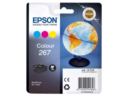 De Epson Globe 267 wereldbol afzonderlijke kleureninkt levert heldere, duurzame afdrukken in cyaan, magenta en geel. Deze normale cartridge is