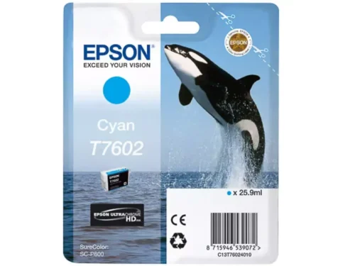 De Epson T7602 cyaan is een originele enkele verpakking met 25,9 ml gekleurde inkt, speciaal geschikt voor de EPSON Ink-Jet