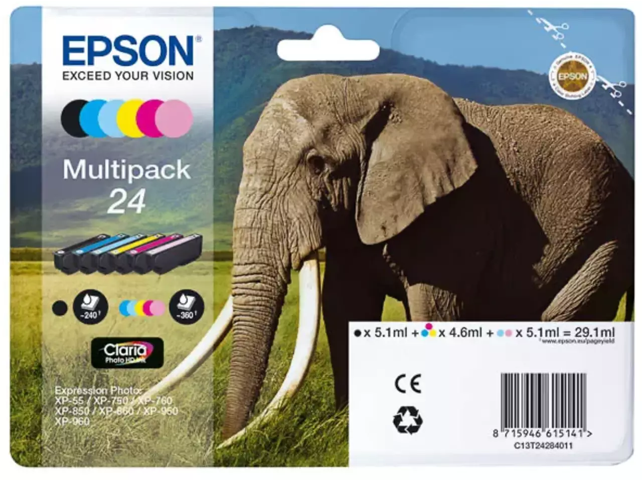 170015441052.webp C13T24284011 EPSON 24 XP Inkt (6) cmyk lc/lm ST Claria Home 1x240bk/5x360 - Afbeelding 1