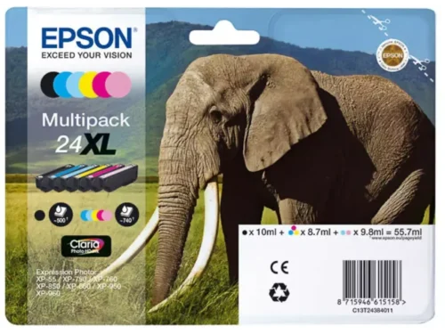 De Epson Elephant 24XL olifant Claria Photo HD multipack biedt hoogwaardige zeskleureninkt met extra hoge capaciteit voor haarscherpe foto’s en