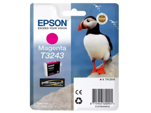 De Epson T3243 magenta inktcartridge levert scherpe, levendige afdrukken met pigmentgebaseerde inkt en een opbrengst van 980 pagina’s. Deze losse