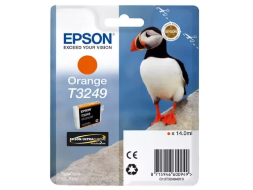 De Epson T3249 Orange is een pigmentgebaseerde inkjetcartridge met normaal rendement, speciaal voor de EPSON SURECOLOR SC-P 400. Deze enkele