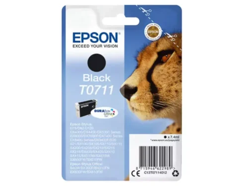 De Epson Cheetah Singlepack Black T0711 DURABrite Ultra Ink levert scherpe, duurzame zwarte afdrukken dankzij pigmentinkt en is geschikt voor