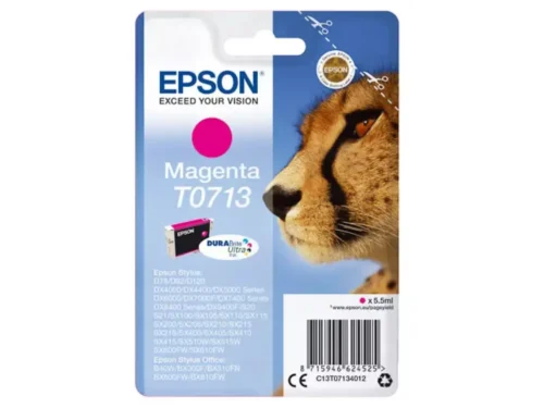 De Epson Singlepack Magenta T0713 DURABrite Ultra Ink levert heldere, duurzame afdrukken met pigmentinkt en normaal rendement. Deze magenta cartridge