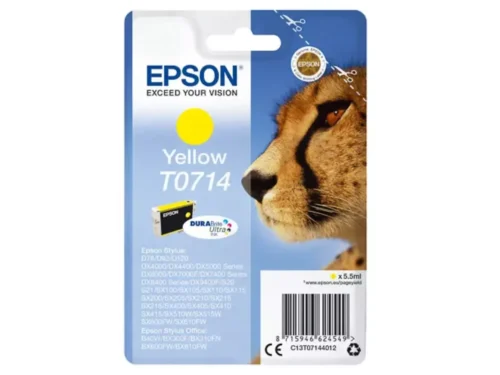 De Epson Singlepack Yellow T0714 DURABrite Ultra Ink levert heldere, duurzame gele afdrukken met pigmentinkt en normaal rendement. Deze losse