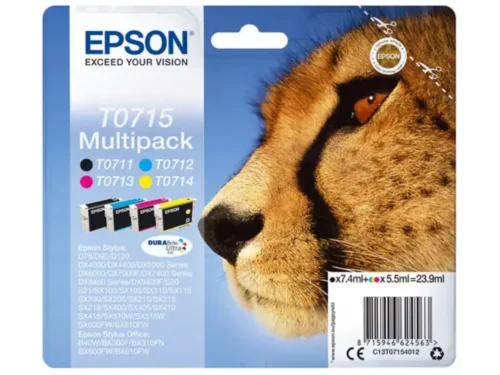 De Epson Multipack 4-colours T0715 DURABrite Ultra Ink biedt scherpe, duurzame afdrukken in zwart, cyaan, magenta en geel. Deze handige