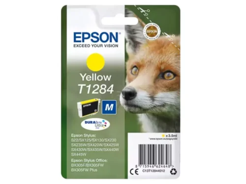 De Epson Fox T1284 gele inktcartridge met DURABrite Ultra pigmentinkt levert heldere afdrukken en gaat tot 260 pagina’s mee. Deze