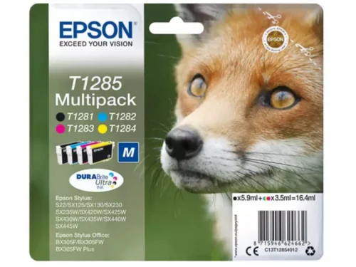 De Epson Fox T1285 Vos DURABrite Ultra multipack biedt heldere zwart- en kleurafdrukken in één praktische verpakking. Deze Epson-inkt is