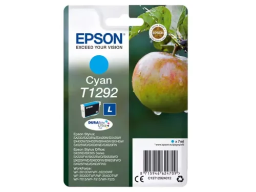 De Epson T1292 Appel DURABrite Ultra cyaan inktcartridge levert betrouwbare afdrukken met een opbrengst van circa 474 pagina’s. Deze losse