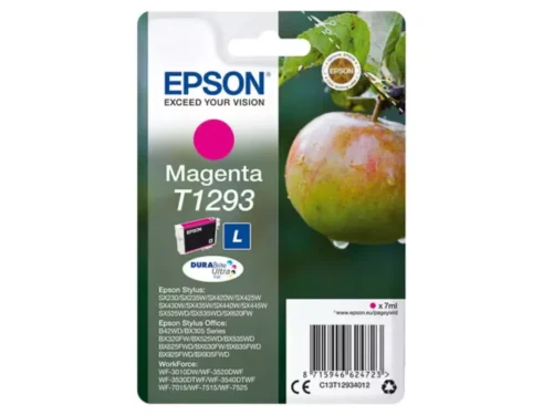 De Epson Apple T1293 Appel DURABrite Ultra magenta inktcartridge levert scherpe, duurzame afdrukken met pigmentinkt en een opbrengst tot 378