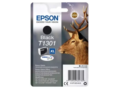 De Epson Stag T1301 zwarte inktcartridge met DURABrite Ultra levert heldere, duurzame afdrukken met een hoge opbrengst van 25,4 ml.