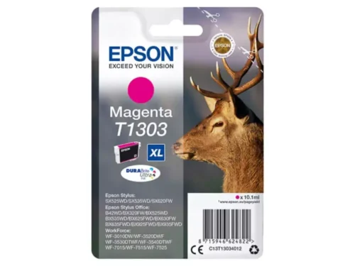 De Epson Stag T1303 Hert DURABrite Ultra magenta inktcartridge levert heldere, duurzame afdrukken met een hoge opbrengst van 600 pagina’s.