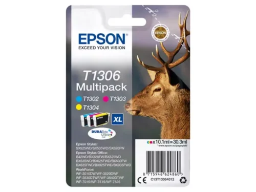 De Epson Stag T1306 Hert DURABrite Ultra multipack driekleureninkt levert heldere cyaan-, magenta- en geelprints met pigmentinkt voor duurzame afdrukken.