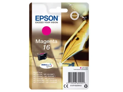 De Epson Pen and crossword Singlepack Magenta 16 DURABrite Ultra Ink levert heldere, duurzame magenta afdrukken met pigmentinkt en een
