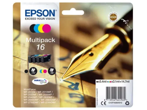 De Epson DURABrite Ultra Ink Multipack 4-kleuren biedt heldere, duurzame afdrukken met pigmentinkt in zwart, cyaan, magenta en geel. Deze