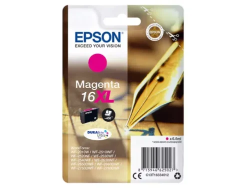 De Epson Pen and crossword Singlepack Magenta 16XL DURABrite Ultra biedt heldere magenta afdrukken met pigmentinkt en een hoge capaciteit