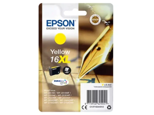 De Epson Pen and crossword Singlepack Yellow 16XL DURABrite Ultra levert scherpe, heldere gele afdrukken met pigmentinkt en een hoge