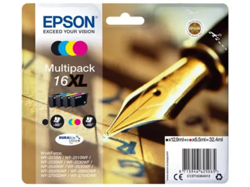 De Epson Pen and crossword Multipack 4-colours 16XL DURABrite Ultra Ink biedt duurzame pigmentinkt in zwart, cyaan, magenta en geel