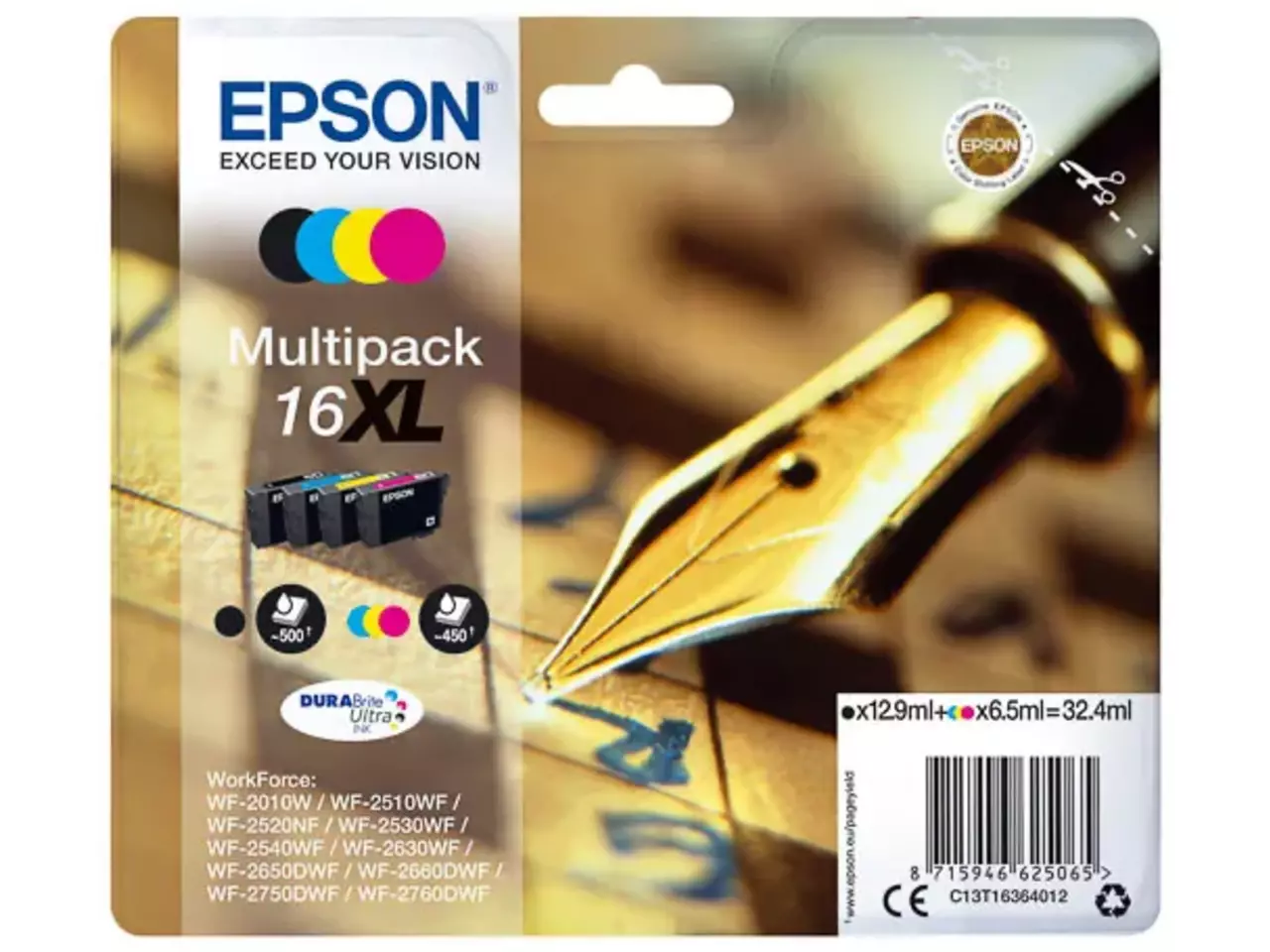 170015441225.webp C13T16364012 EPSON 16XL WF Inkt (4) cmyk HC 1x500/3x450pagina's 1x12,9/3x6,5 ml - Afbeelding 1