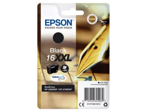 De Epson Singlepack Black 16XXL DURABrite Ultra Ink is een hoogwaardige XL-inktcartridge met pigmentzwarte inkt, goed voor scherpe afdrukken en