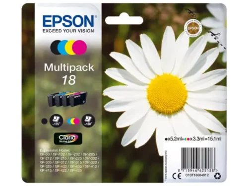 De Epson Daisy 18 Madeliefje Claria Home multipack vierkleureninkt levert heldere afdrukken in zwart, cyaan, magenta en geel voor diverse
