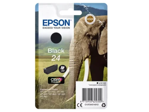 De Epson Elephant 24 zwarte inktcartridge levert scherpe, duurzame afdrukken met pigmentinkt en is ideaal voor diverse EPSON Expression Photo-printers.