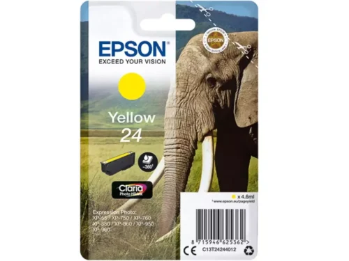 De Epson Elephant 24 gele inktcartridge levert heldere, levendige afdrukken met pigmentinkt en een capaciteit tot 360 pagina’s. Deze afzonderlijke