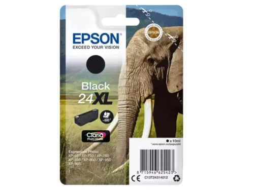 De Epson Elephant 24XL zwarte inktcartridge levert scherpe, heldere afdrukken met een hoge opbrengst tot 500 pagina’s. Deze originele Epson