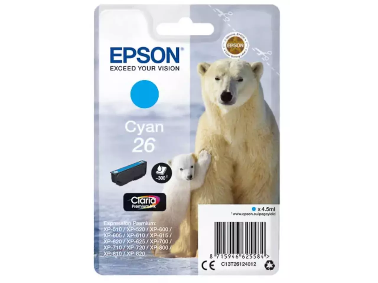 170015441277.webp C13T26124012 EPSON 26 XP Inkt cyaan ST 300pagina's 4,5ml - Afbeelding 1