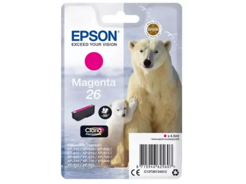 De Epson Polar bear 26 Ijsbeer Claria Premium magenta inktcartridge levert heldere, levendige afdrukken met een opbrengst tot 300 pagina’s.