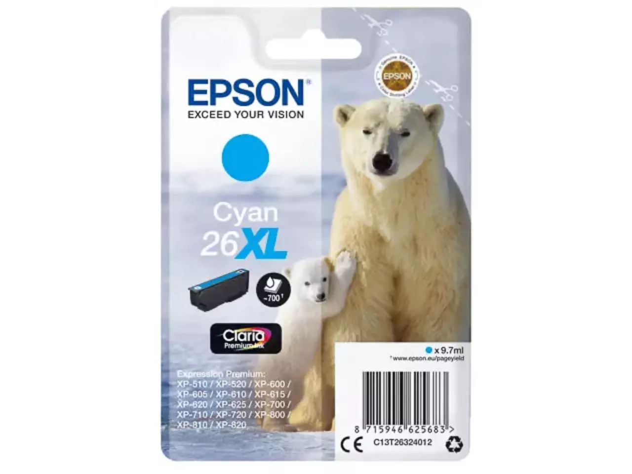 170015441287.webp C13T26324012 EPSON 26XL XP Inkt cyaan HC 700pagina's 9,7ml - Afbeelding 1