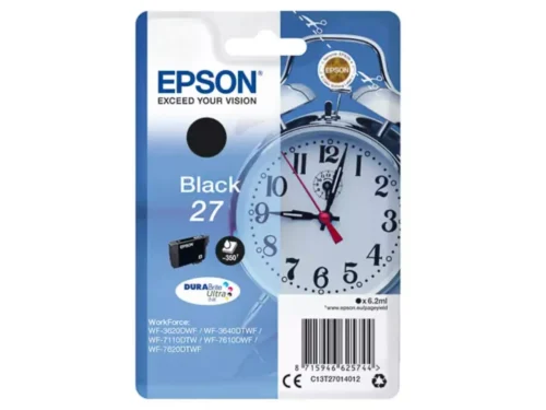 De Epson Alarm clock Singlepack Black 27 DURABrite Ultra Ink is een zwarte inktcartridge met normaal rendement, ideaal voor scherpe