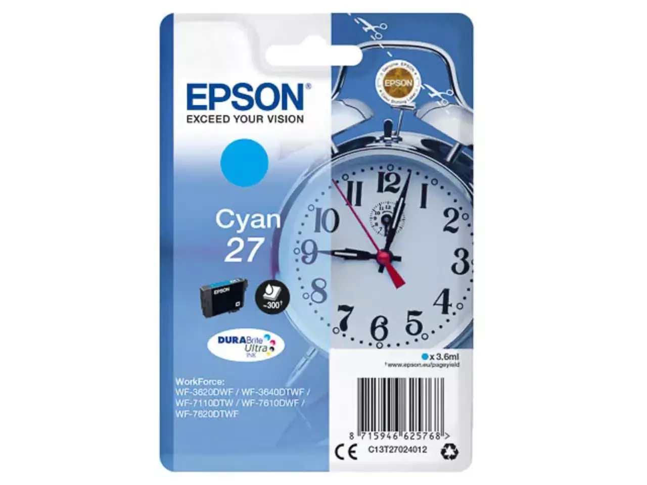 170015441295.webp C13T27024012 EPSON 27 WF Inkt cyaan ST 300pagina's 3,6ml - Afbeelding 1