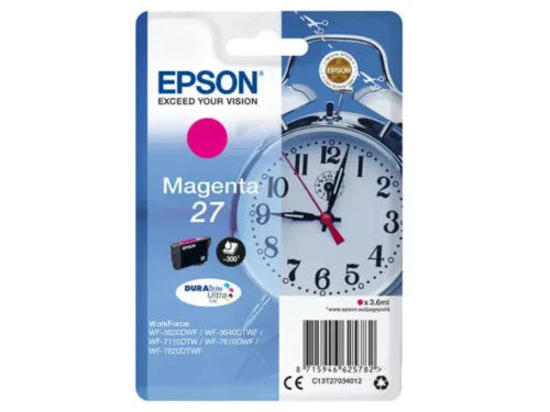 De Epson Alarm clock Singlepack Magenta 27 DURABrite Ultra Ink is een originele magenta inktcartridge met pigmentinkt en normaal rendement,
