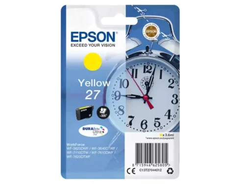 De Epson Alarm clock Singlepack Yellow 27 DURABrite Ultra Ink levert heldere gele afdrukken met pigmentinkt en een paginarendement van