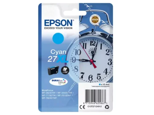 De Epson 27XL DURABrite Ultra Ink cyaan is een hoge-capaciteit inktcartridge met een opbrengst tot 1100 pagina’s, ideaal voor heldere
