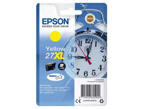 De Epson 27XL DURABrite Ultra Ink gele cartridge levert scherpe, duurzame afdrukken en gaat tot 1100 pagina’s mee. Deze high-yield