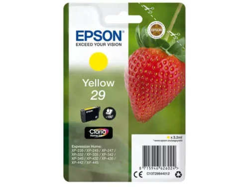 De Epson Strawberry Singlepack Yellow 29 Claria Home Ink is een betrouwbare gele inktcartridge met pigmentbasis, ideaal voor heldere afdrukken