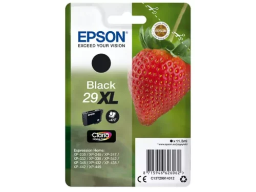 De Epson Strawberry Singlepack Black 29XL Claria Home Ink levert haarscherpe zwarte afdrukken met een hoge opbrengst tot 470 pagina’s.