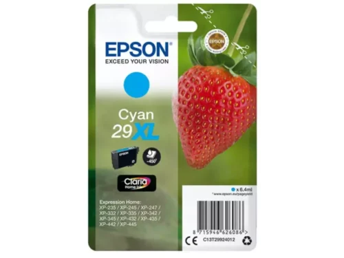 De Epson Strawberry Singlepack Cyan 29XL Claria Home Ink levert heldere cyaan afdrukken en gaat tot 450 pagina’s mee, ideaal