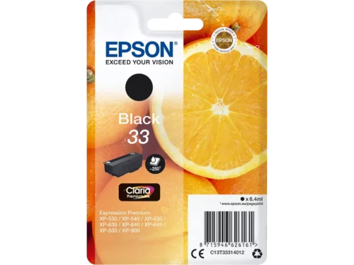 De Epson Oranges 33 zwarte inktcartridge levert scherpe afdrukken met pigmentinkt en een rendement tot 250 pagina’s. Deze Claria Premium