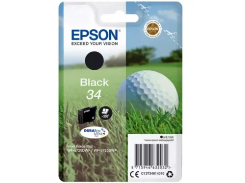 De Epson Golf ball 34 DURABrite Ultra zwarte inktcartridge biedt betrouwbare afdrukkwaliteit met pigmentinkt en een opbrengst tot 350 pagina’s.