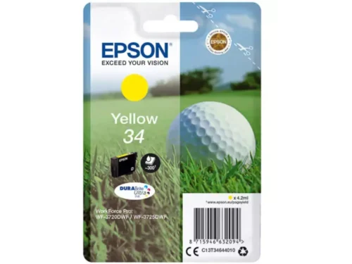 De Epson Golf ball 34 gele inktcartridge met DURABrite Ultra levert heldere, duurzame afdrukken en is ideaal voor dagelijks gebruik.