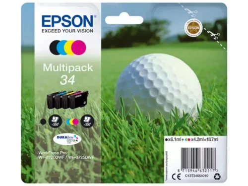 De Epson Golf ball 34 Golfbal DURABrite Ultra multipack vierkleureninkt is een betrouwbare keuze voor scherpe, duurzame afdrukken in zwart,