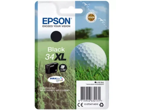 De Epson 34XL Golfbal DURABrite Ultra zwarte inktcartridge is een high-yield cartridge met pigmentinkt, goed voor scherpe afdrukken en tot